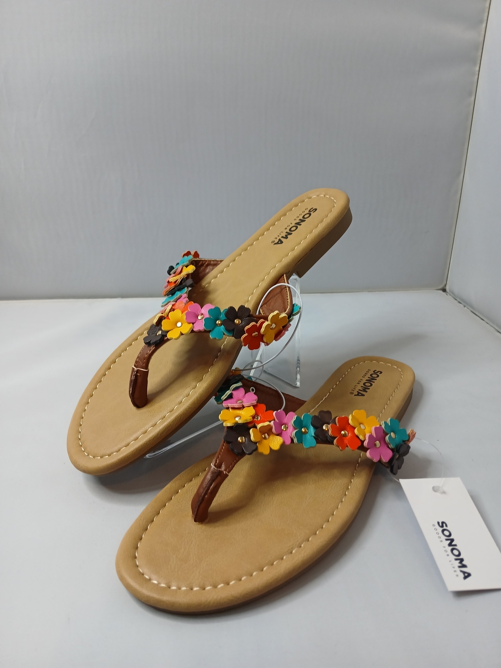 A155. SONOMA Floral Thong Sandals Brown & Multicolor US 9 NWT - Picture 2 of 5
